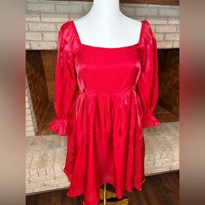 Entro Red Romantic Sheer Puff Sleeve Smock Dress – Size Large – NWT